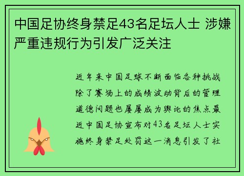 中国足协终身禁足43名足坛人士 涉嫌严重违规行为引发广泛关注