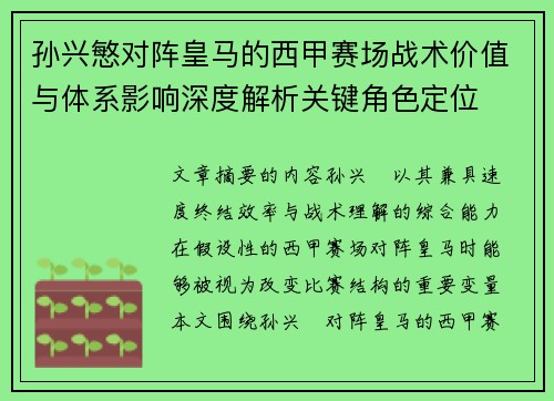 孙兴慜对阵皇马的西甲赛场战术价值与体系影响深度解析关键角色定位 孙兴慜对阵皇马的西甲赛场战术价值与体系影响深度解析关键角色定位