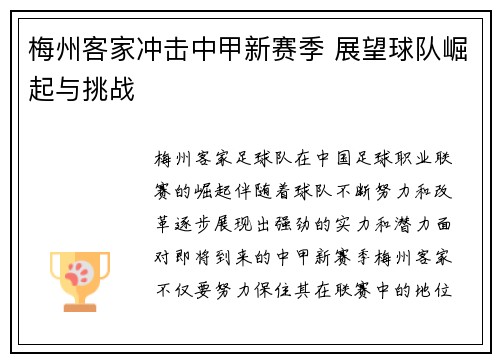 梅州客家冲击中甲新赛季 展望球队崛起与挑战 梅州客家冲击中甲新赛季 展望球队崛起与挑战